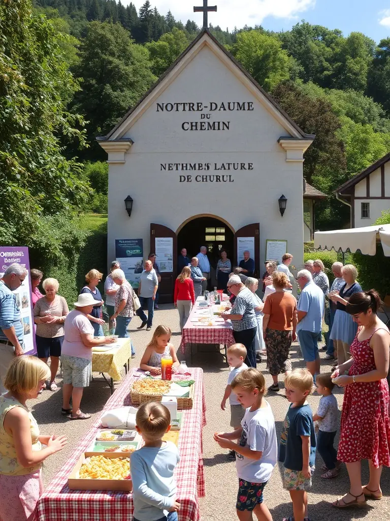 A lively community gathering outside the chapel, with tables of homemade food, informational displays, and neighbors of all ages enjoying a sunny afternoon together.
