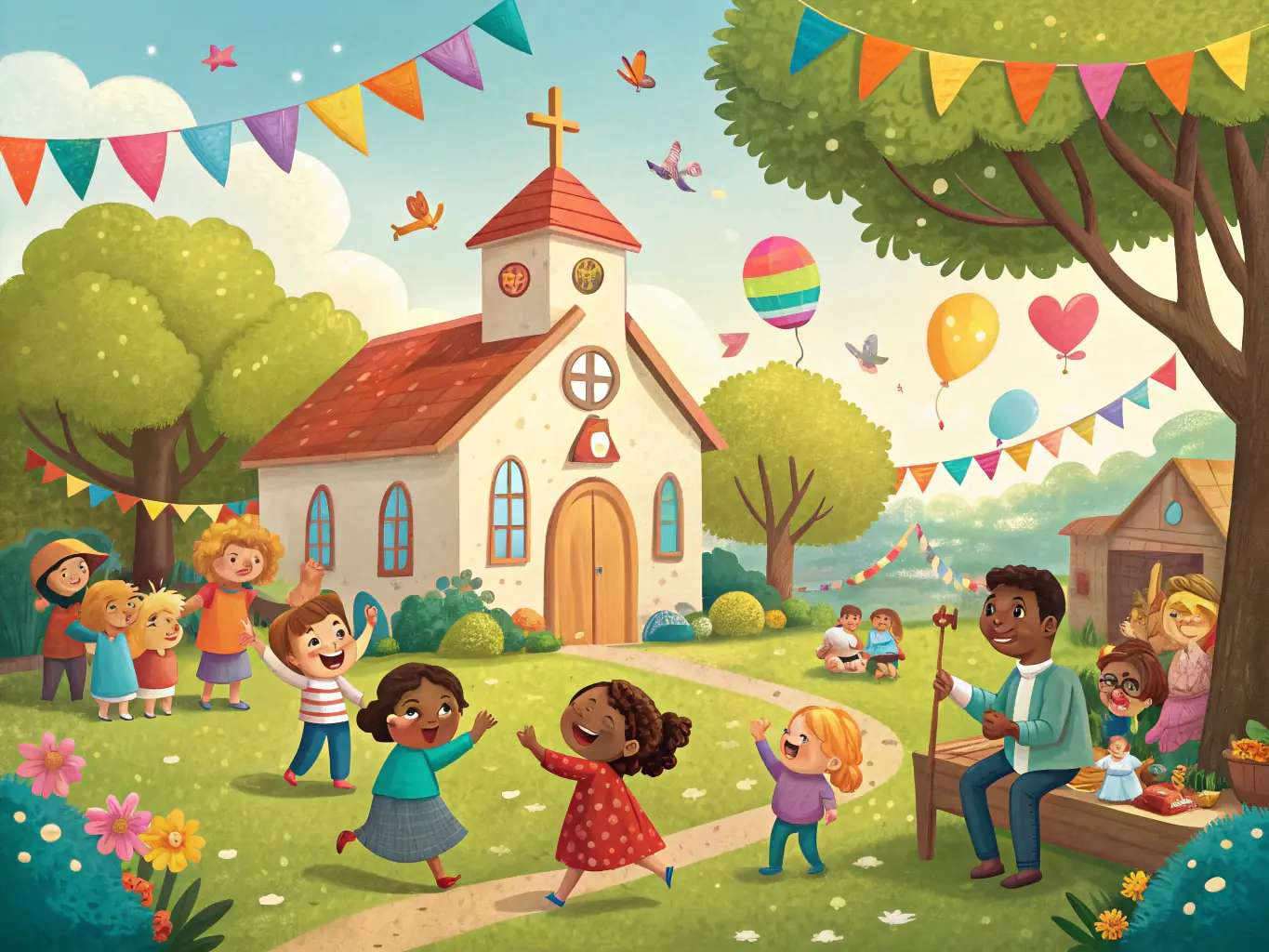 A vibrant spring gathering at Notre-Dame du Chemin chapel, with families and community members enjoying an outdoor celebration under blooming trees.