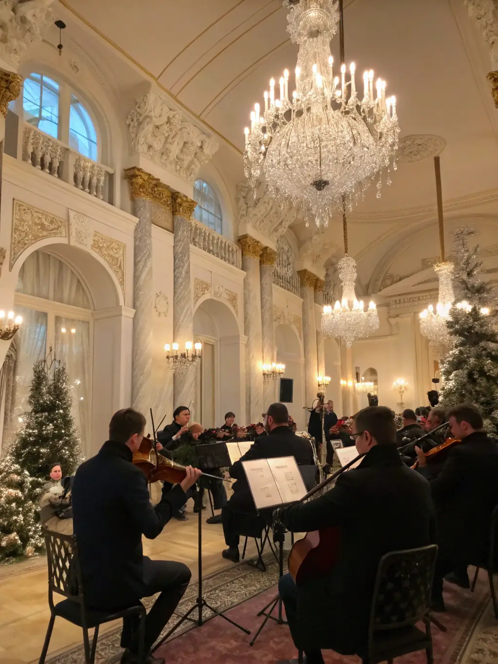 Community members gathered for a candlelit concert inside the chapel, with musicians performing and the historic interior warmly illuminated.