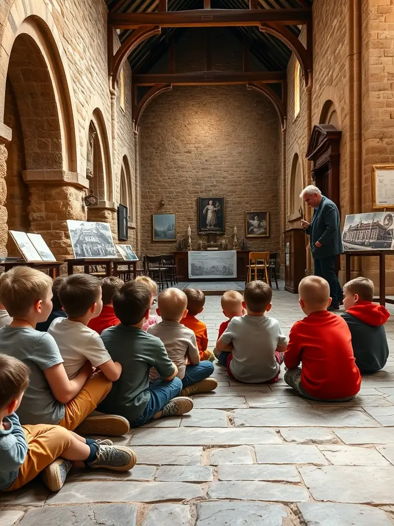 A group of local schoolchildren and a guide gathered inside the chapel, listening attentively to a historical presentation, with stained glass windows casting colorful light across the scene.