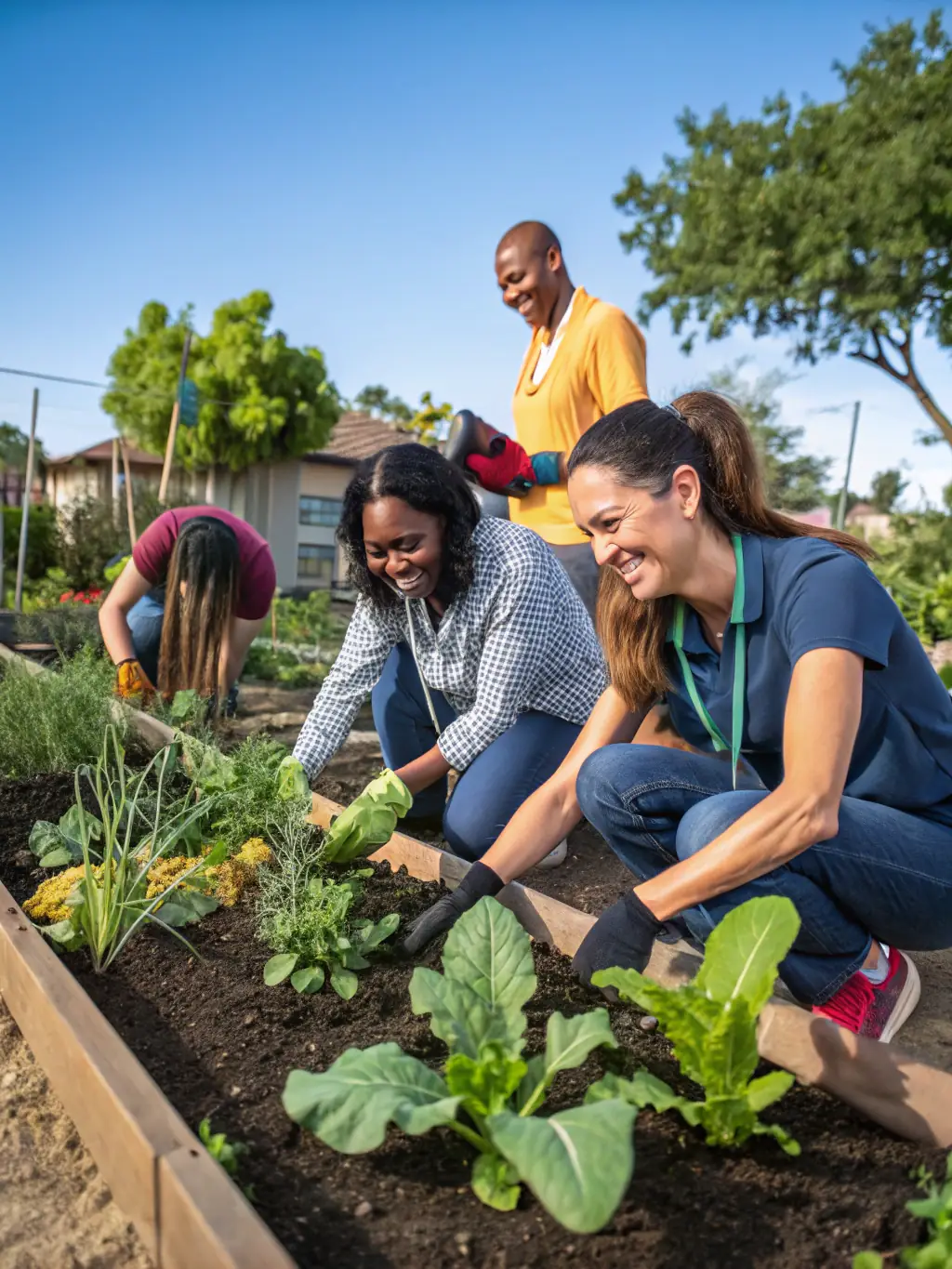 Volunteers planting flowers and maintaining the chapel’s surrounding gardens, with blooming plants and the chapel’s facade in the background.