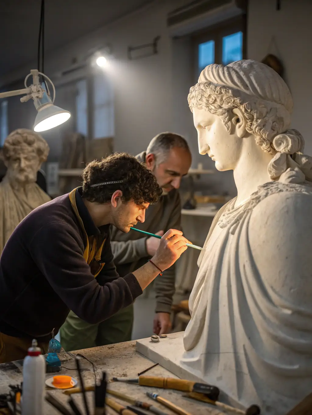 A skilled artisan carefully restoring the intricate stonework of Notre-Dame du Chemin chapel, with tools and traditional materials visible, emphasizing hands-on heritage conservation.